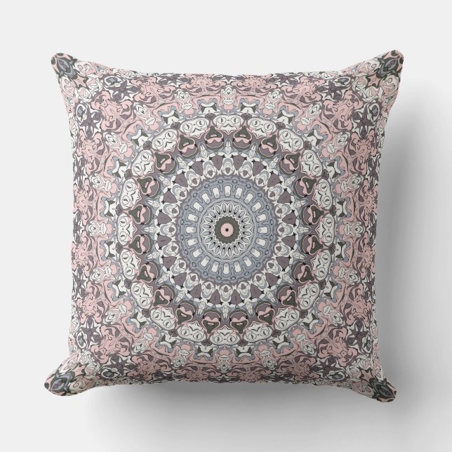 Almofada Padrão de Mandala Rosa Cinza e Branco (Frente)