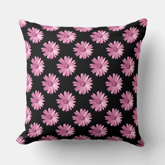Almofada Padrão de margarida - Rosa em preto (Frente)