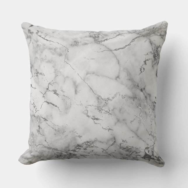Almofada Padrão de Mármore Brilho Prateado e Branco Moderno (Frente)