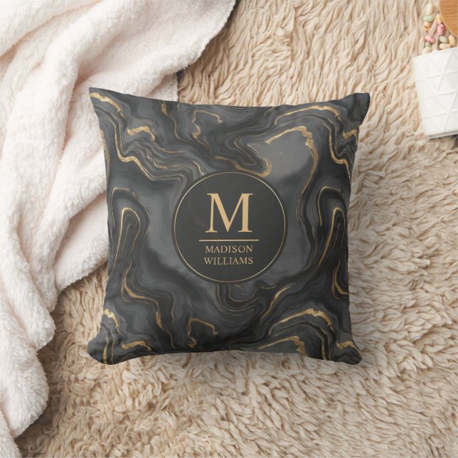 Almofada Padrão de Mármore com Brilho Dourado e Cinza Preto (Cobertor)