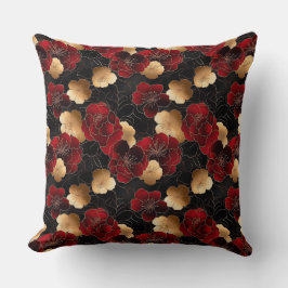 Almofada Padrão de Mármore Floral Vermelho, Preto e Dourado