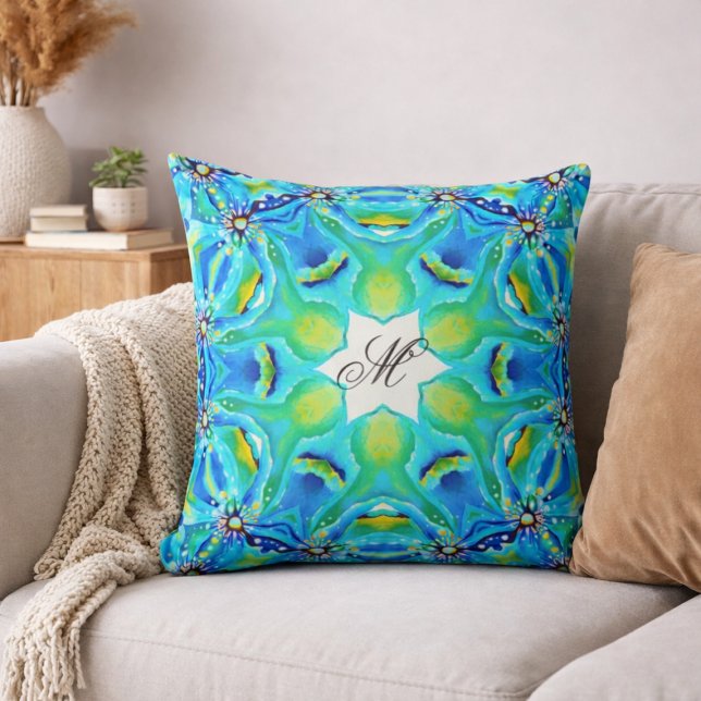 Almofada Padrão de Monograma de Mandala Turquesa Arte Azul  (Criador carregado)