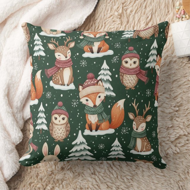 Almofada Padrão de Natal Florestal Verde Fofo com Animais (Cobertor)