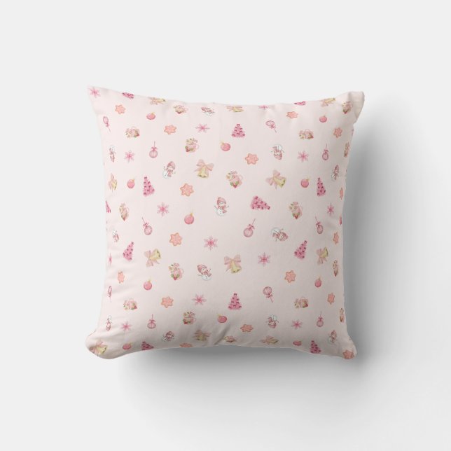 Almofada Padrão de Natal Rosa Aconchegante (Frente)