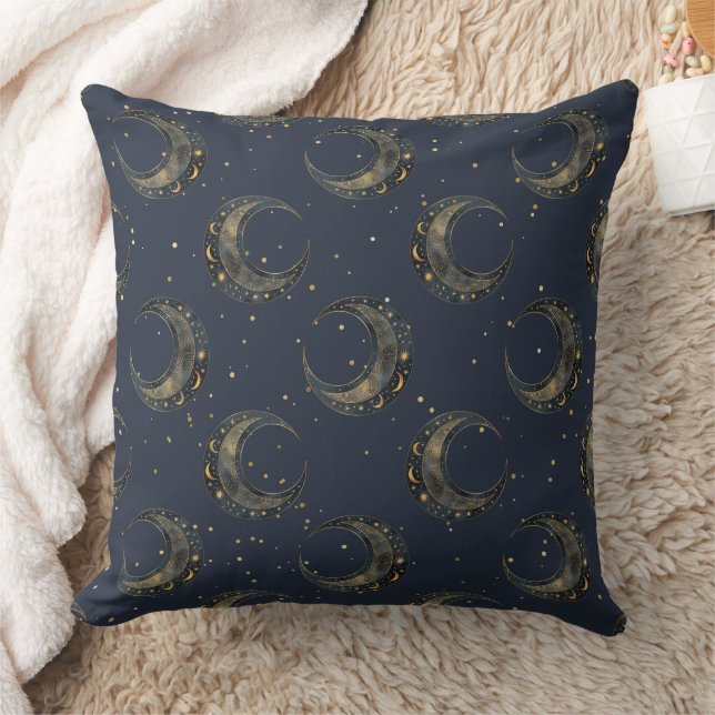 Almofada Padrão de Noite Estrelada com Lua Celestial Dourad (Cobertor)