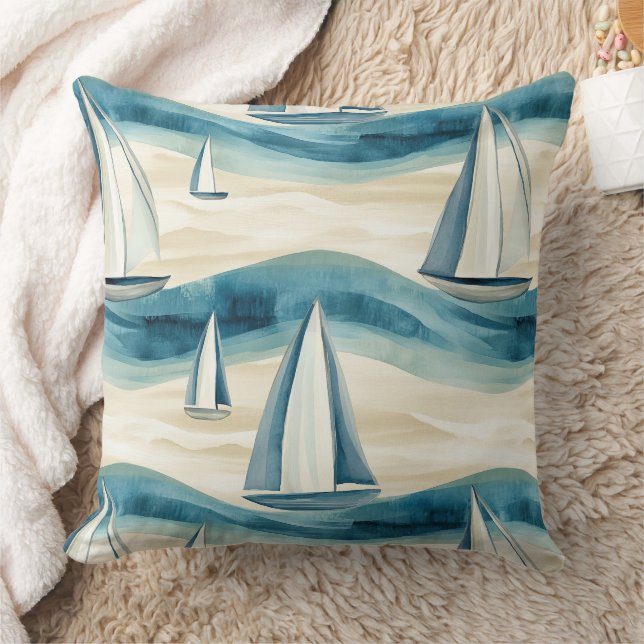 Almofada Padrão de Onda do Oceano com veleiro azul moderno (Cobertor)