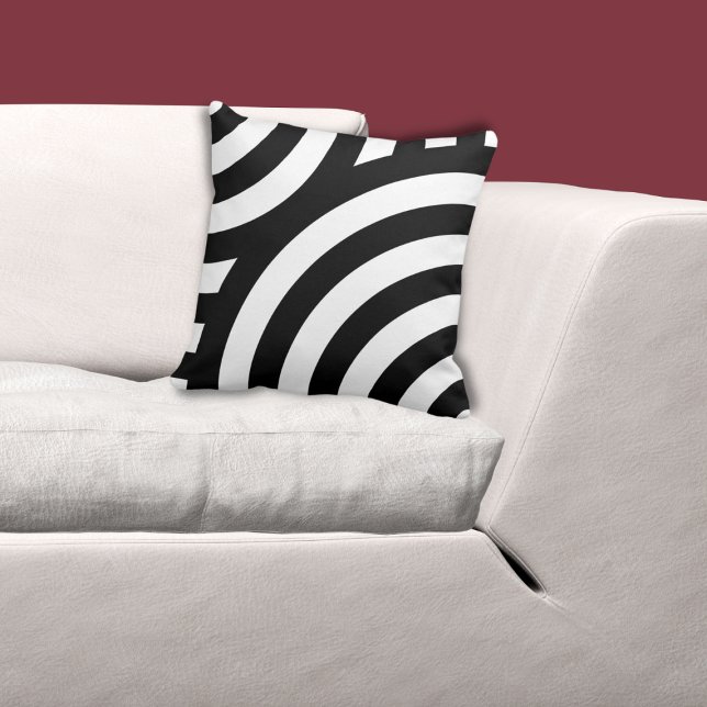 Almofada Padrão de onda preto e branco (Geometric Black Nested Quarter Circle Pattern on White Throw Pillow, custom color possible)