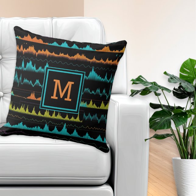 Almofada Padrão de Onda Sonora Abstrata Retro Synthwave (A stylish monogrammed throw pillow with pattern in the style of audio sound waves)
