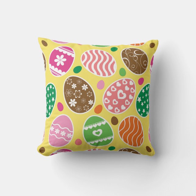 Almofada Padrão de Ovos de Páscoa Coloridos Fundo Amarelo (Frente)
