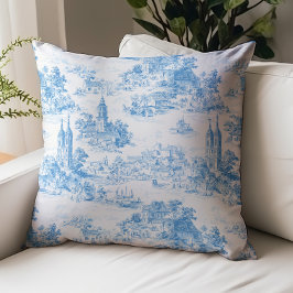 Almofada Padrão de Paisagem de Aldeia Toile de Jouy Azul