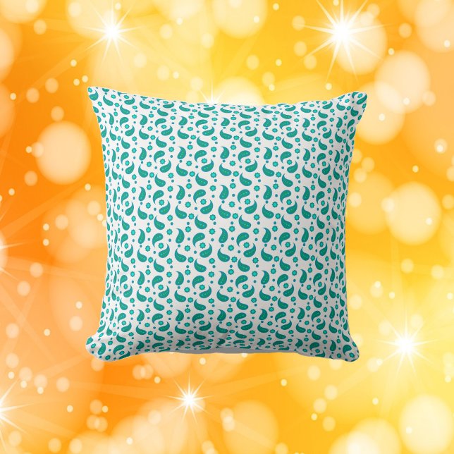 Almofada Padrão de Paisley de Flores com Bolinhas Verde Azu (A pillow with a pattern of paisley, flowers and polka dots in green and blue)