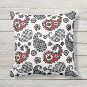 Almofada Padrão de Paisley, Preto, Branco e Vermelho
