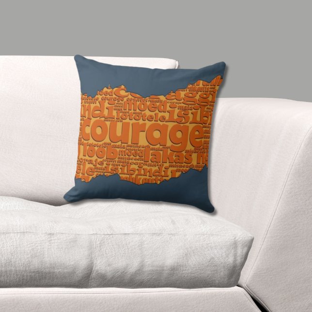 Almofada Padrão de Palavra Coragem com Efeito de Lágrima La (Courage Typography Orange & Blue Torn Pattern Throw Pillow, Livingroom)