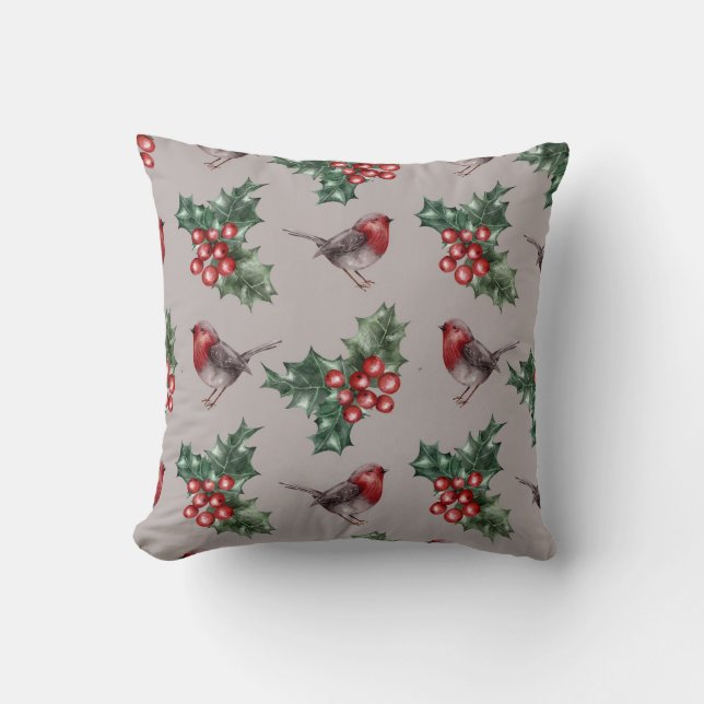 Almofada Padrão de Pássaros Robin das Cintas de Natal (Frente)