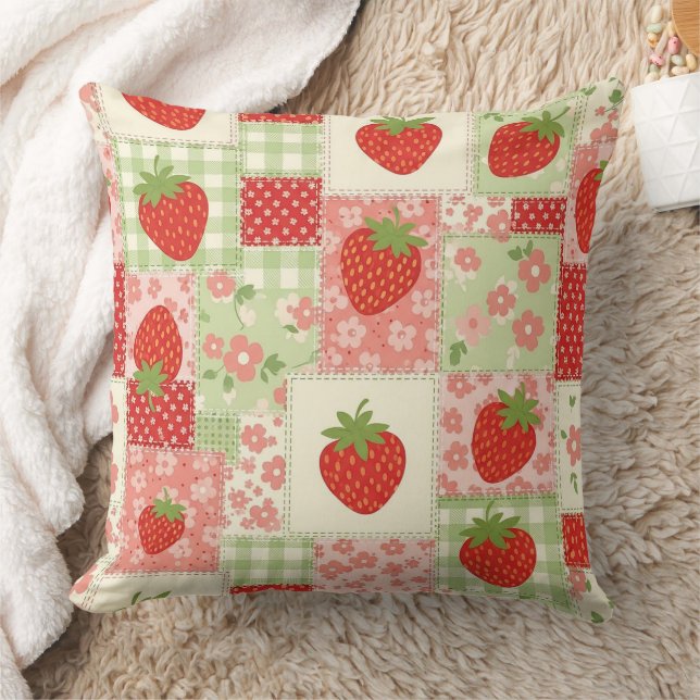 Almofada Padrão de Patchwork de Piquenique de Morango Vinta (Cobertor)