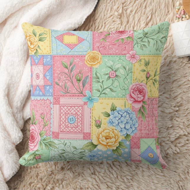 Almofada Padrão de Patchwork de Rosa Romântica (Cobertor)