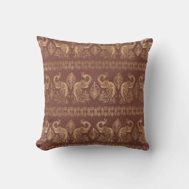 Almofada Padrão de Pavão Dourado Chique (Frente)