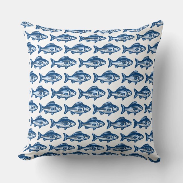 Almofada Padrão de Peixe - Azul Shibori em Branco (Frente)