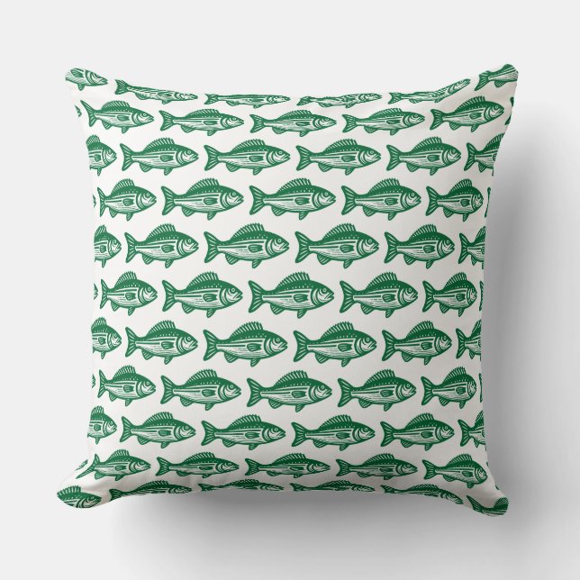 Almofada Padrão de Peixe - Floresta Verde em Branco (Frente)