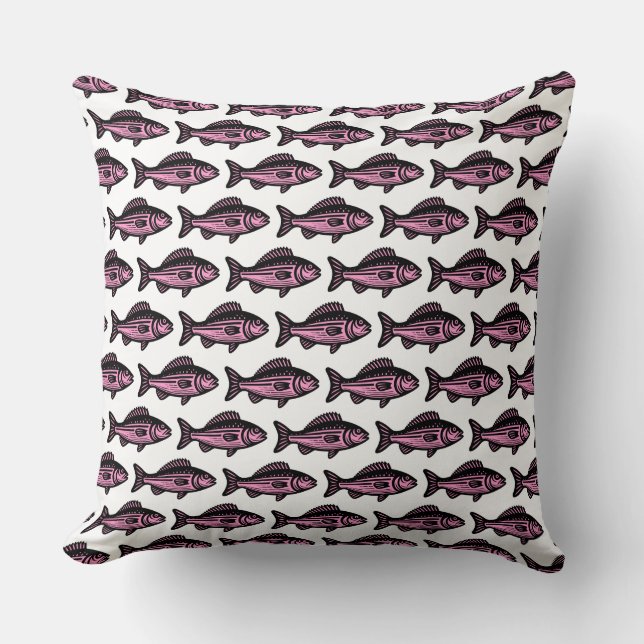 Almofada Padrão de Peixe - Preto e Rosa em Branco (Frente)