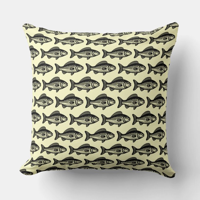 Almofada Padrão de Peixe - Preto em Amarelo Pálido (Frente)