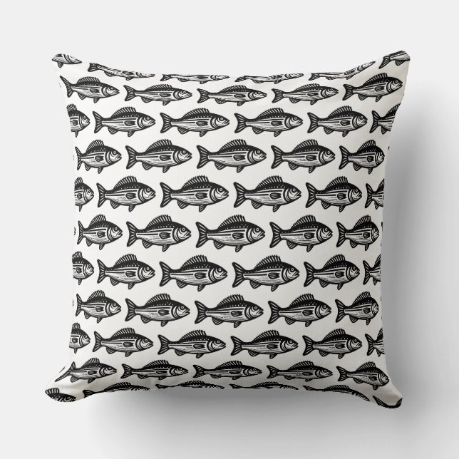 Almofada Padrão de Peixe - Preto em Branco (Frente)