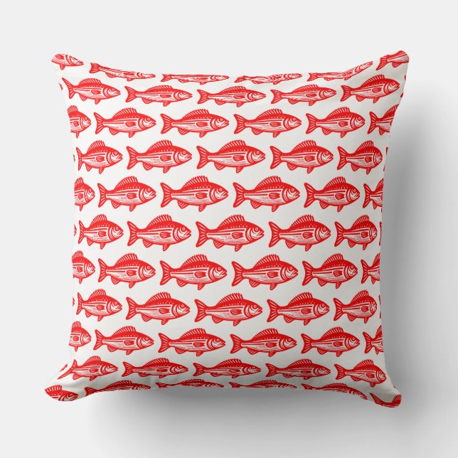 Almofada Padrão de Peixe - Vermelho em Branco (Frente)