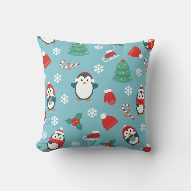 Almofada Padrão de Pinguins de Natal Fofo (Frente)
