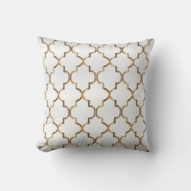 Almofada Padrão de Quatrefoil Branco e Dourado (Frente)