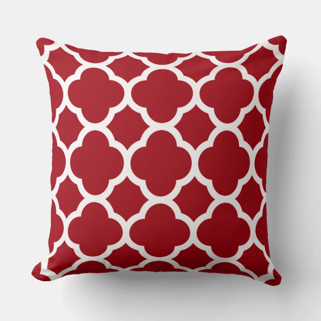 Almofada Padrão de Quatrefoil Vermelho e Branco (Frente)