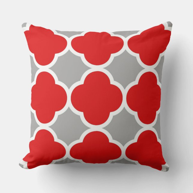 Almofada Padrão de Quatrefoil Vermelho e Cinza (Frente)