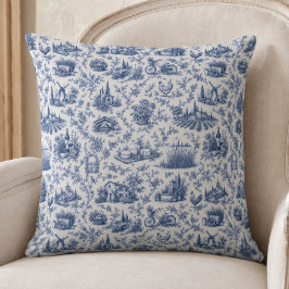 Almofada Padrão de ramagem de rosa Toile Francesa Azul 
