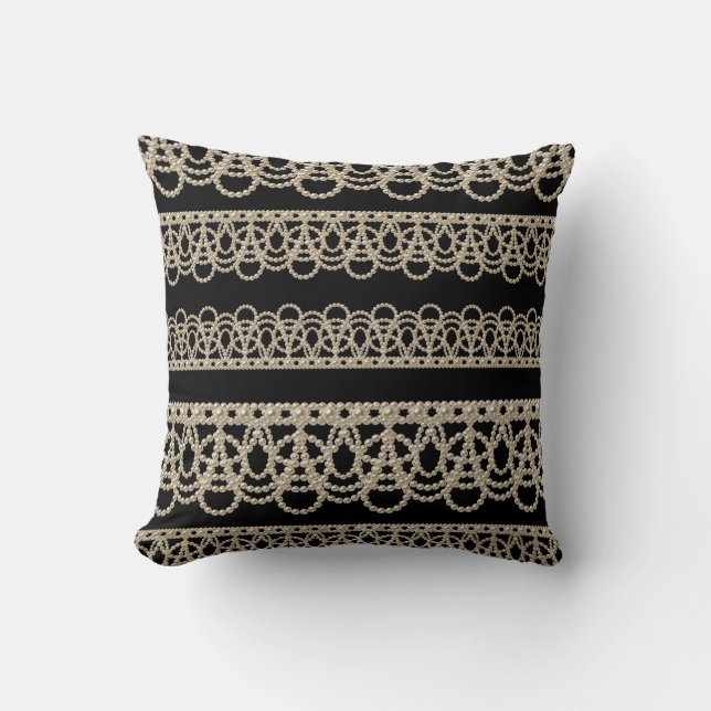 Almofada Padrão de Renda Pérolas Preto Elegante (Frente)