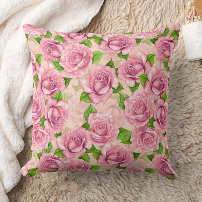 Almofada Padrão de rosas de aquarela rosa (Cobertor)