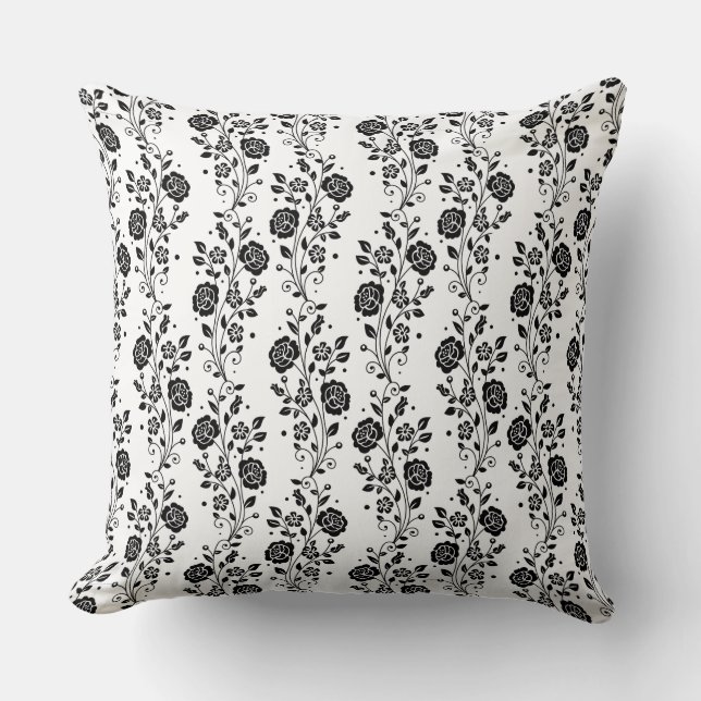 Almofada Padrão de Rosas Florais Preto e Branco Elegante (Frente)
