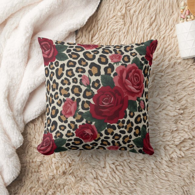 Almofada Padrão de Rosas Vermelhas Leopardo (Cobertor)