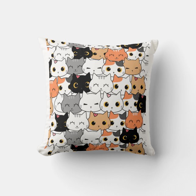 Almofada Padrão de Rostos de Gatos Kawaii Fofos  (Frente)