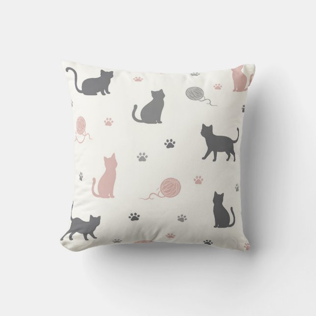 Almofada Padrão de Silhueta de Gato e Fio Caprichoso (Frente)