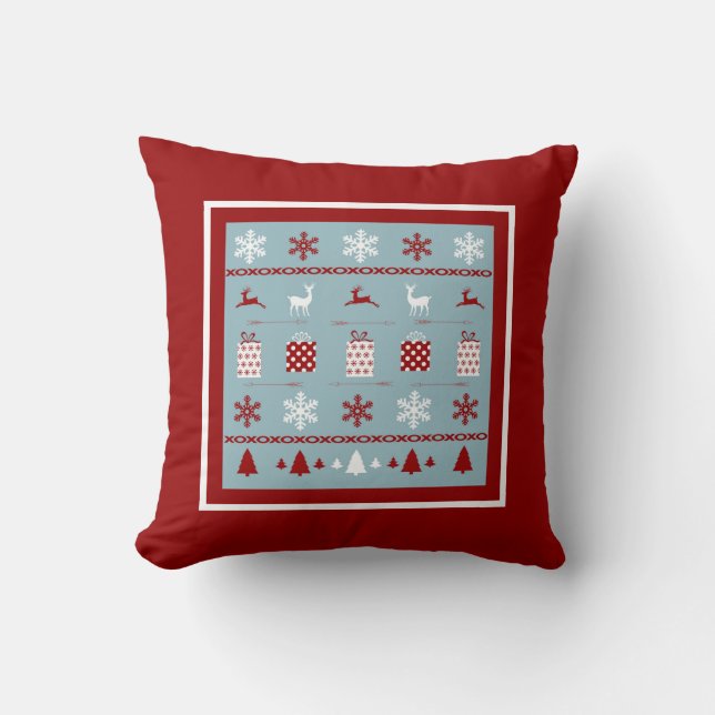 Almofada Padrão de suéter de Natal, branco, vermelho e azul (Frente)
