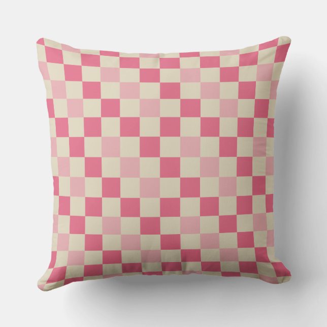 Almofada Padrão de Verificação de Gingham Rosa e Beige (Verso)