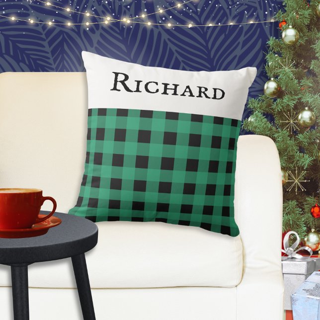 Almofada Padrão de Verificação de Xadrez de Buffalo Verde P (A personalized throw pillow cushion, with green buffalo check plaid pattern. Ideal Xmas gift.)