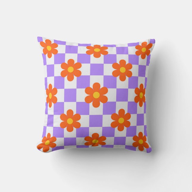 Almofada Padrão De Verificação Roxo Com Flor De Hippie Lara (Frente)
