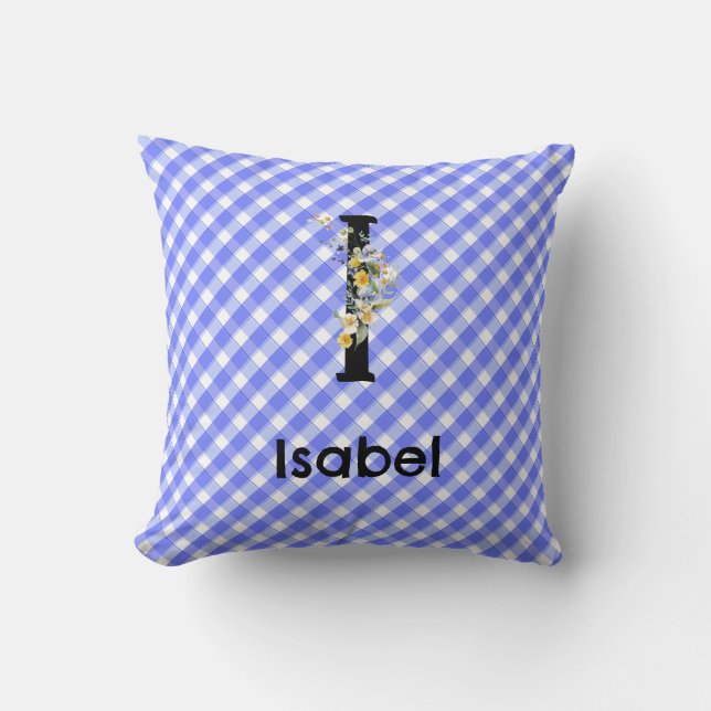Almofada Padrão de xadrez azul gingham com flor de aquarela (Frente)