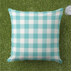 Almofada Padrão de Xadrez de Gingham Branco e Azul Turquesa