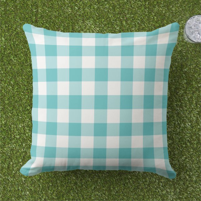 Almofada Padrão de Xadrez de Gingham Branco e Azul Turquesa (Grama)