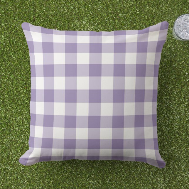 Almofada Padrão de Xadrez de Gingham Roxo e Branco (Grama)