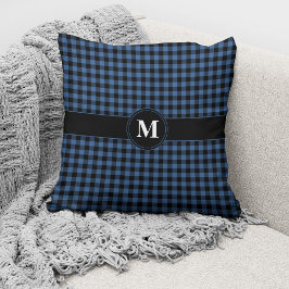 Almofada Padrão de Xadrez em Ginga Azul e Preto com Monogra