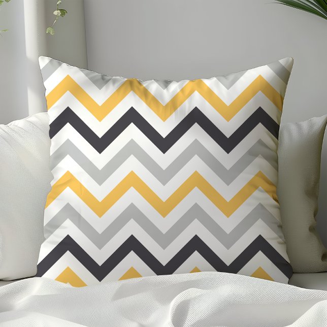 Almofada Padrão de Ziguezague Chevron Preto Amarelo e Cinza (Criador carregado)