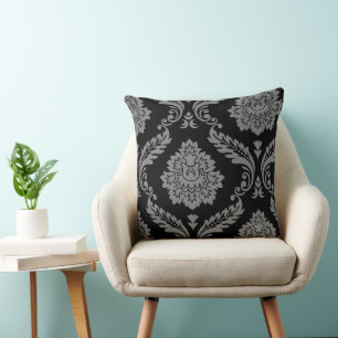 Almofada Padrão Deslocado Rococó Damask Cinza no Preto