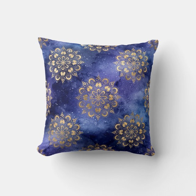 Almofada Padrão Dharma Mandala da Galáxia Dourada e Azul (Frente)